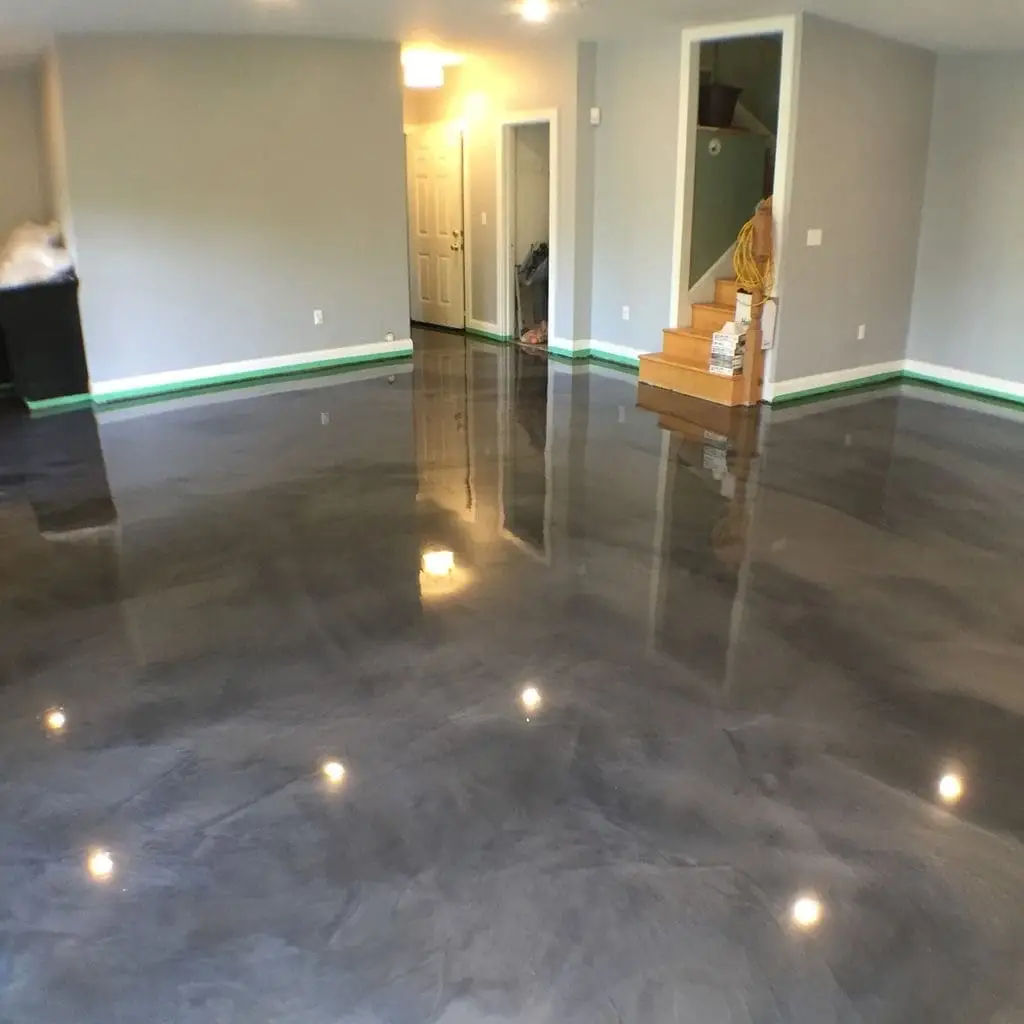 Gray metallic epoxy floor installed in a residential basement in Pasco, WA